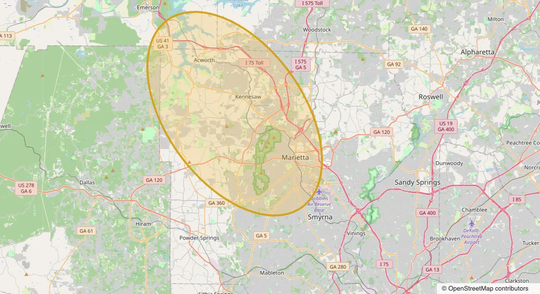 Yankee Carpenter service area map — Kennesaw, Marietta, Acworth and Cobb County, GA